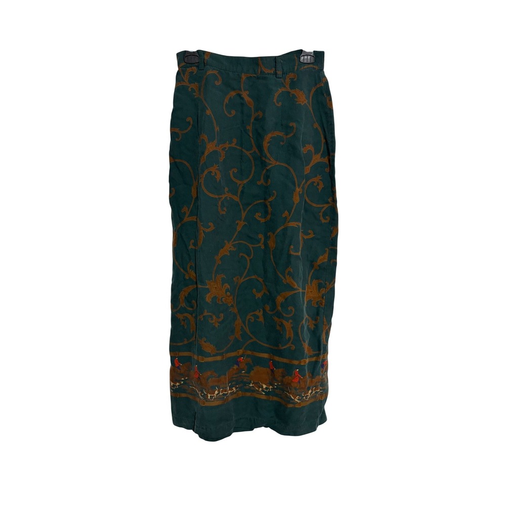 Willowbend Maxi Skirt Equestrian Fox Hunt Border Print Green Vintage 6
